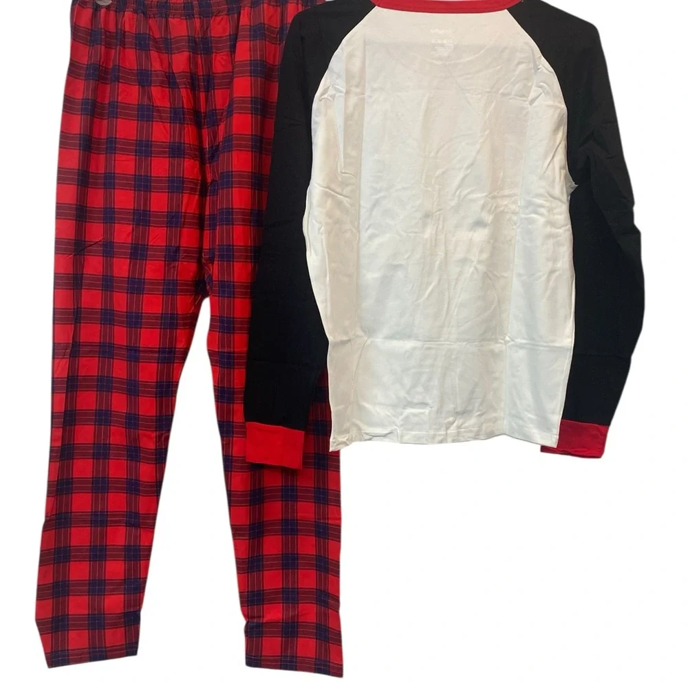 Benaive Womens Large Red Plaid Polar MA MA Bear graphic Pajama Set Christmas NEW